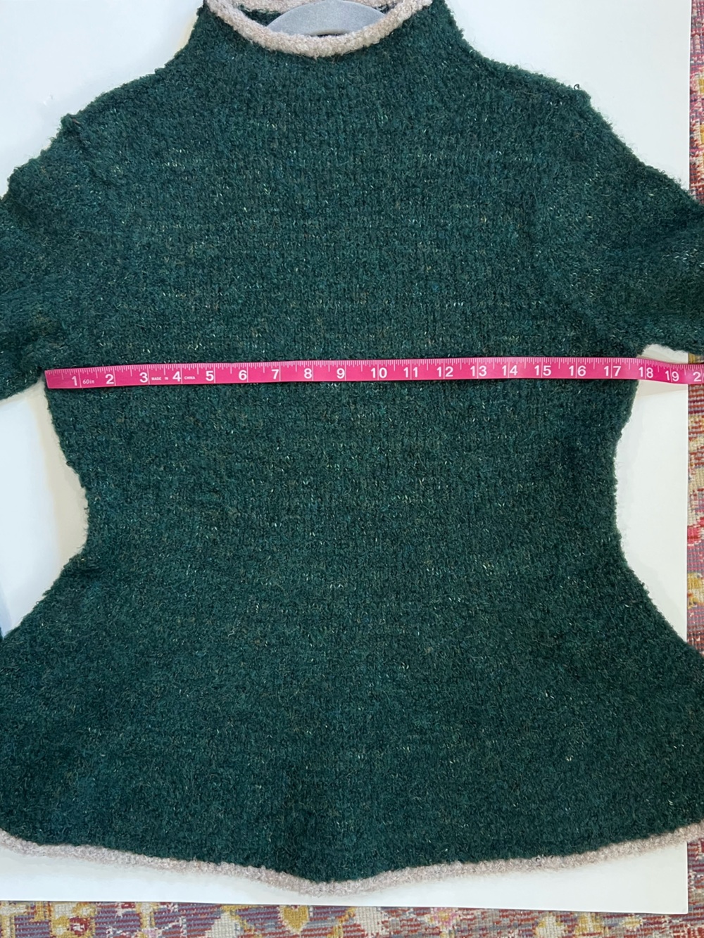 Pilcro Dark Green Mock Neck Peplum Sweater with Cream Contrast Trim - Picture 10 of 12